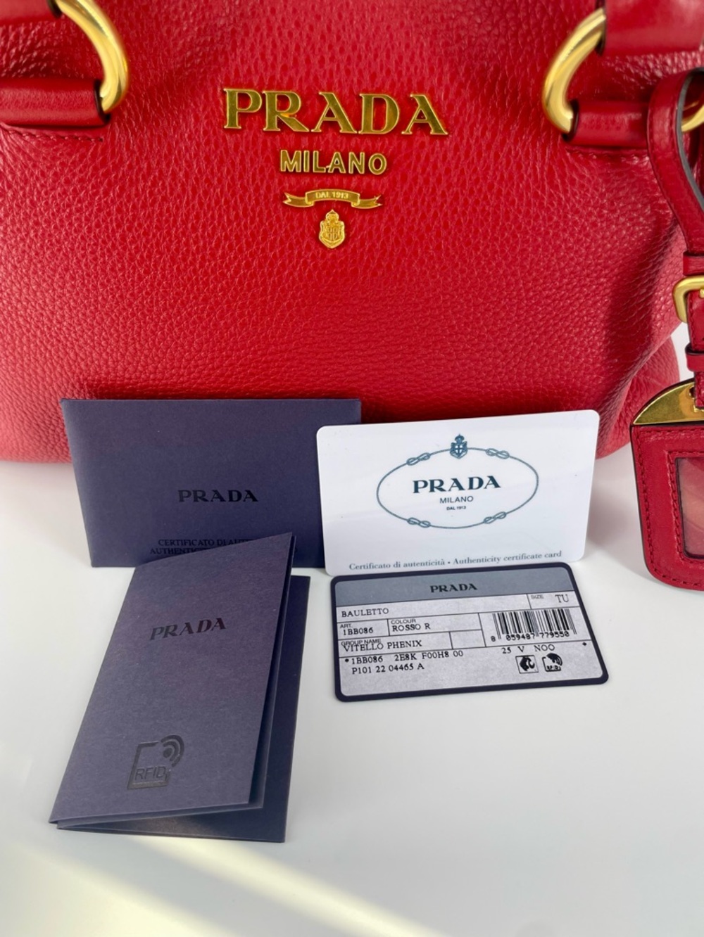 Prada Vitello Phenix Rosso Red Pebbled Leather Satchel with Guitar Striped Strap - Picture 10 of 11